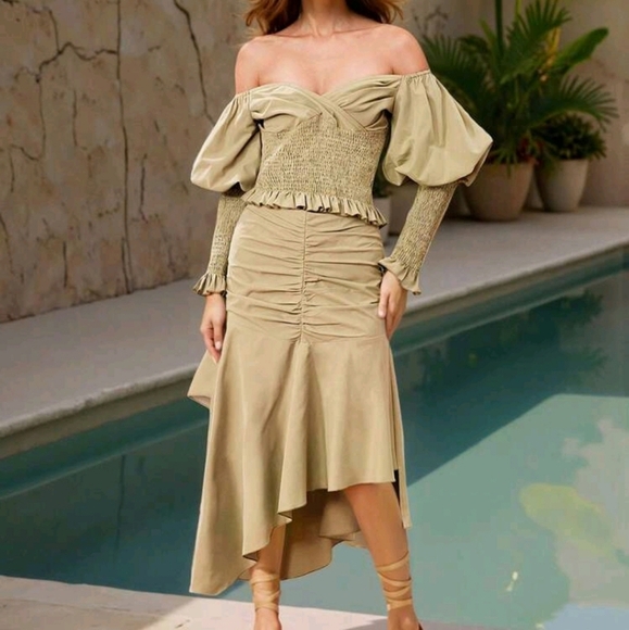Green Off-Shoulder Smocking Ruffled Top And High Waist Ruched Asymmetrical Skirt - Picture 1 of 6